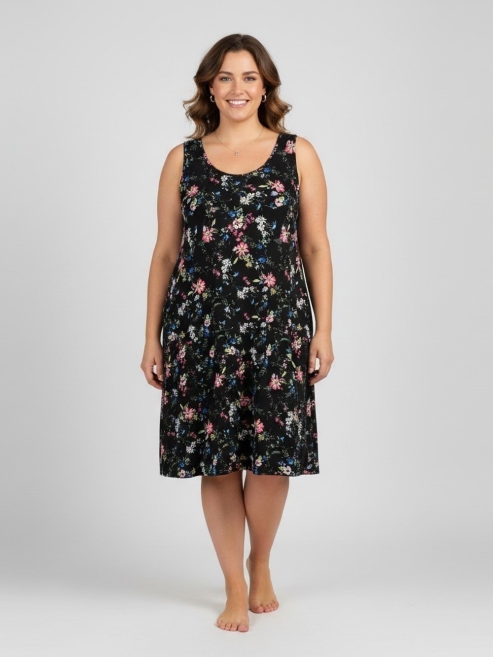 NWT Karen Kane Plus Size 1X Floral Tank Dress Black Multicolor Botanical Swing